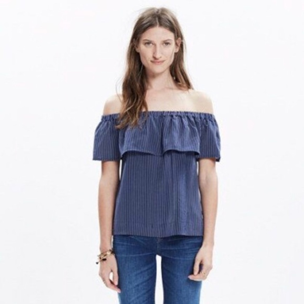 Madewell Silk off the shoulder navy blue top